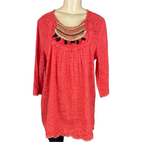 Denim 24/7 12W Orange Embroidered Detail Crew Beaded Fringe 3/4 Sleeve Blouse - Picture 2 of 6